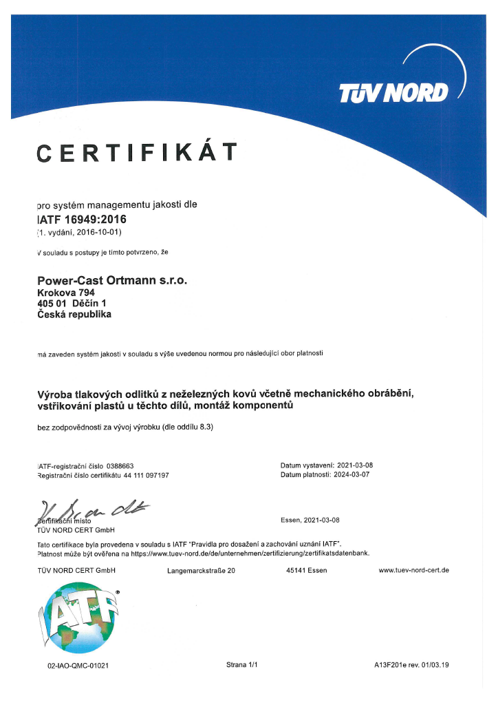 Certifikát pro systém managementu jakosti dle EN ISO 16949 : 2016